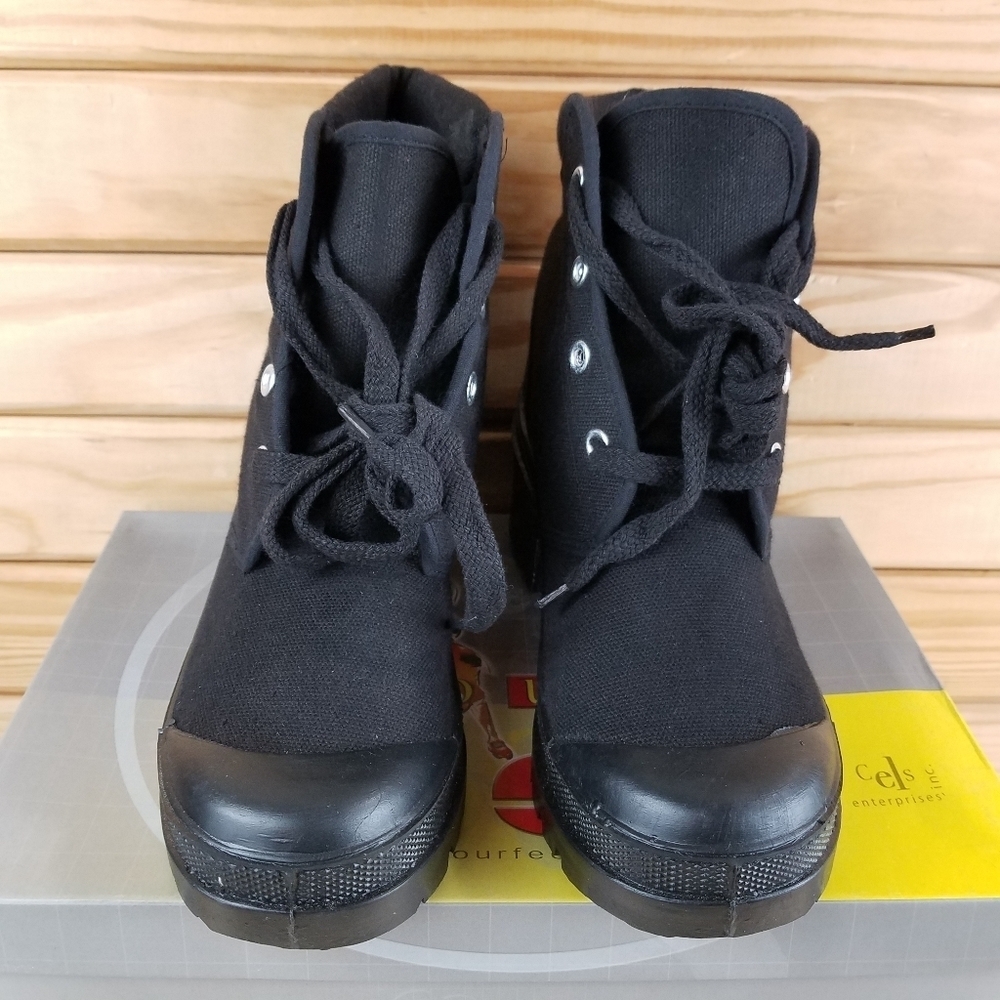 Black Canvas Combat Military Biker Moto Ankle Boots Lace up Women's 6.5M Heeled - Picture 2 of 10
